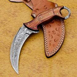 custom damascus steel hunting/bowie/dagger knife handle pakka wood with sheath