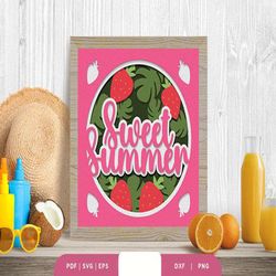 summer strawberry 3d shadow box svg, shadow box template, paper cutting template, light box svg files, 3d papercut light