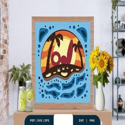 summer seaside 3d shadow box, shadow box template, paper cutting template, light box svg files, 3d papercut lightbox svg