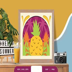 summer pineapple 3d shadow box papercut, shadow box template, paper cutting template, light box svg files, 3d papercut l