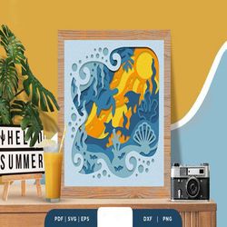 sea animal 3d shadow box paper cut, shadow box template, paper cutting template, light box svg files, 3d papercut lightb