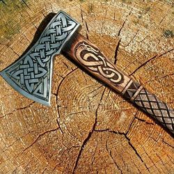 custom handmade damascus steel viking axe amazing carving handle tomahawk hatchet