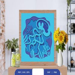 jellyfish underwater 3d shadow box svg, shadow box template, paper cutting template, light box svg files, 3d papercut li