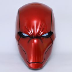 red hood rebirth full face metallic red color helmet with glowing eyes , dc cosplay, jason todd mask, gotham knights