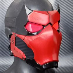 red ronin mask with glowing eyes, red hood mask, cyberpunk mask, full face mask, dc cosplay jason todd mask halloween