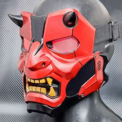 red oni mask with glowing eyes, red hood mask, cyberpunk mask, full face mask, dc cosplay jason todd mask halloween