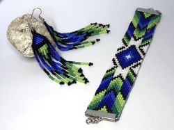 set of beaded earrings bracelet. handmade blue green bracelet and long chandelier earrings. summer style 2023 jewelry