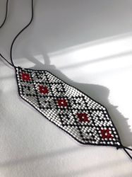 wide beaded loom ukraine red white flower bracelet hand made native seed bead boho bracelet weaving modern handmade