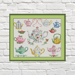 cross stitch pattern tea collection | kitchen embroidery | vintage cross stitch pattern | kettles pattern embroidery pdf