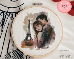 france cross stitch pattern, romantic couple with eiffel tower , pdf ,instant download ,french lovers,paris cityscape