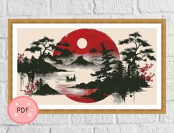 asian cross stitch pattern,japanese morning sun, asian landscape, pdf file , asian style, forest and mountains