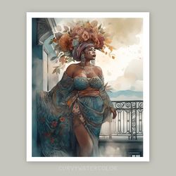 black woman art, watercolor art, goddess of beauty, black woman in flower crown, printable art, african girl art