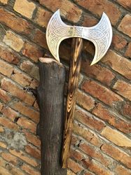 own a piece of medieval warfare: custom carbon steel double sided axe with leather sheath