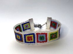beaded loom handmade bracelet geometric print rainbow silver seed bead boho bracelet with squares woven weaving native