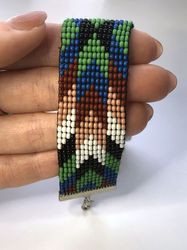 beaded loom handmade bracelet geometric print green blue brown color seed bead boho bracelet waves woven weaving native