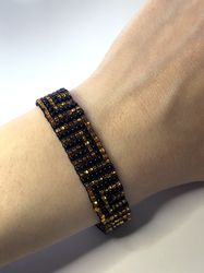 Beaded loom handmade bracelet geometric Eguptian style print Seed Bead boho bracelet adjustable gold black color Weaving