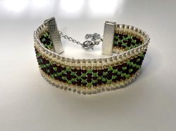 Beaded loom handmade bracelet geometric green brown ivory color Seed Bead boho bracelet adjustable Weaving