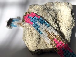 beaded loom handmade bracelet geometric print blue pink gold color seed bead boho bracelet waves woven weaving native