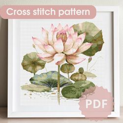 lotus cross stitch pattern, flower cross stitch chart, pdf