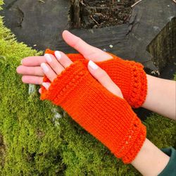 hand-knit orange stretchy fingerless gloves - dog walking mittens - texting driving gloves - gift under 30