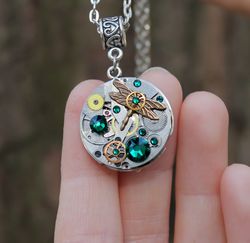 handmade unique steampunk dragonfly necklace from vintage ussr watch movement with swarovski