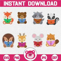 animals reading a book clipart, woodland animals, back to school printable only png files