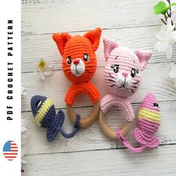 crochet cat rattle pattern, amigurumi cat teething ring , toys crochet patterns