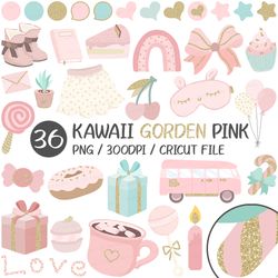 kawaii golden pink clipart | png, cute, pastel, good note sticker, candy, rainbow, boots, skirt, balloon, desse, baby