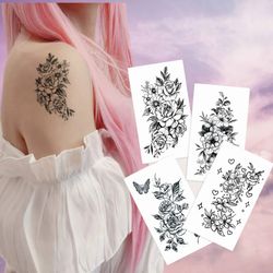 rose tattoo for woman, boho temporary tattoo black flower tattoo, flower tattoo for biscups, 4 pcs. temporary tattoo flo