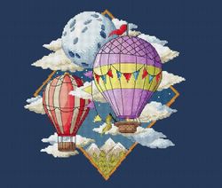 cross stitch pattern air balloons moon embroidery pdf instant digital download