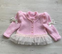 hand knit pink sweater with lace, tulle, ribbon and pearls for baby girl.