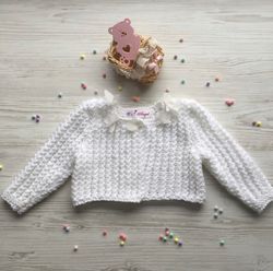 hand knit white jacket with 3d flowers and pearls for baby girl.