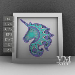 s16 - layered unicorn shadow box svg, laser cut file mandala dxf, layered mandala svg for cricut, 3d unicorn mandala