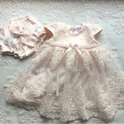 light pink lace dress with pearls, headband and panties for baby girl.