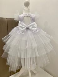 white lace dress with train, headband and shoes for baby girl.