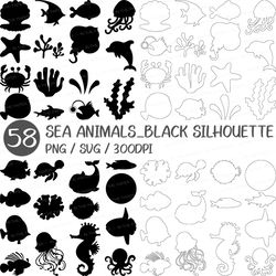 cute sea animal black silhouette | svg, png, coloring page, fish, whale, seahorse, pearl, clam, starfish, crab, flounder