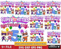 junior superkitties birthday girls number bundle, 9 file superkitties svg