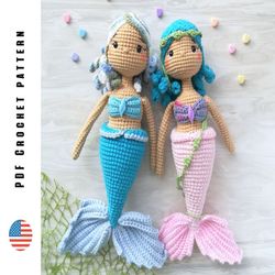 crochet mermaid doll pattern, amigurumi doll marina, toys crochet patterns