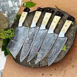 custom handmade damascus steel kitchen chef knife set with bone handle and leather sheath.