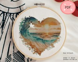 cross stitch pattern,sunset beach heart shaped,ocean wave , pdf , instant download , sea x stitch chart , coastral