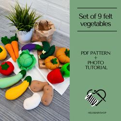 set of 9 felt vegetables patterns, pumpkin tomato pepper carrot cucumber, diy felt food template for kids and kitchen