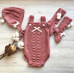 hand knit outfit for baby girl, or boy:  romper, hat, socks.
