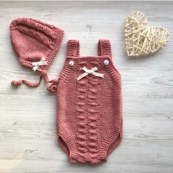 hand knit berry color clothing set for baby girl, or boy: romper, hat.