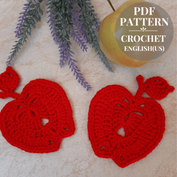 easy crochet apple pattern, applique apple crochet, autumn decor for farmhouse kitchen, crochet motif pattern pdf.