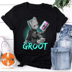 baby groot with cassette for comic lover vintage t-shirt, groot galaxy guardian shirt, groot shirt, baby groot shirt