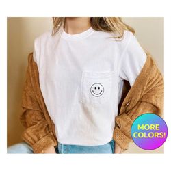 smiley face comfort colors pocket tee, comfort colors, pocket tee, smiley face shirt, graphic tee, gift for her, pocket