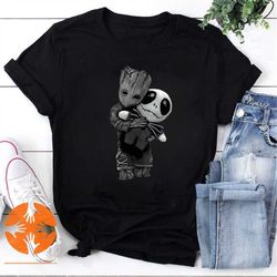 baby groot hugs jack skellington vintage t-shirt, the night before christmas shirt, groot hugs jack shirt, lovely groot