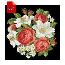 cross stitch vintage flowers bouquet chart lilies and roses cross stitch pattern pdf