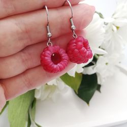 raspberry earrings, berry earrings, polymer clay jewelry, dangle earrings, raspberry jewelry, gift idea for her