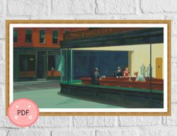 cross stitch pattern,nighthawks , edward hopper,pdf , instant download, famous painting